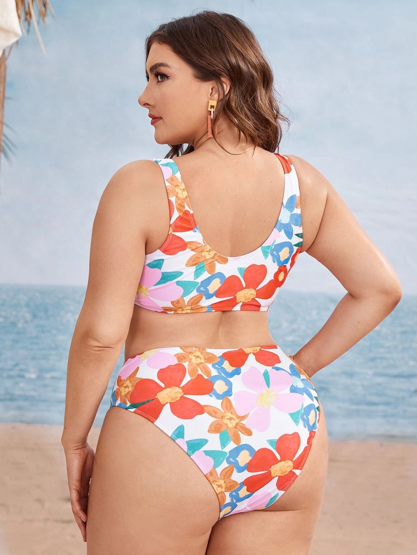 LF (L-4XL) women's split color printing swimsuit plus size