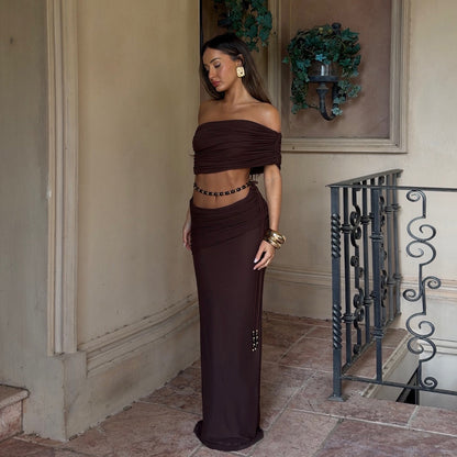 SXR 2026 spring pleated cropped tank top low waist hip-wrapped skirt suit