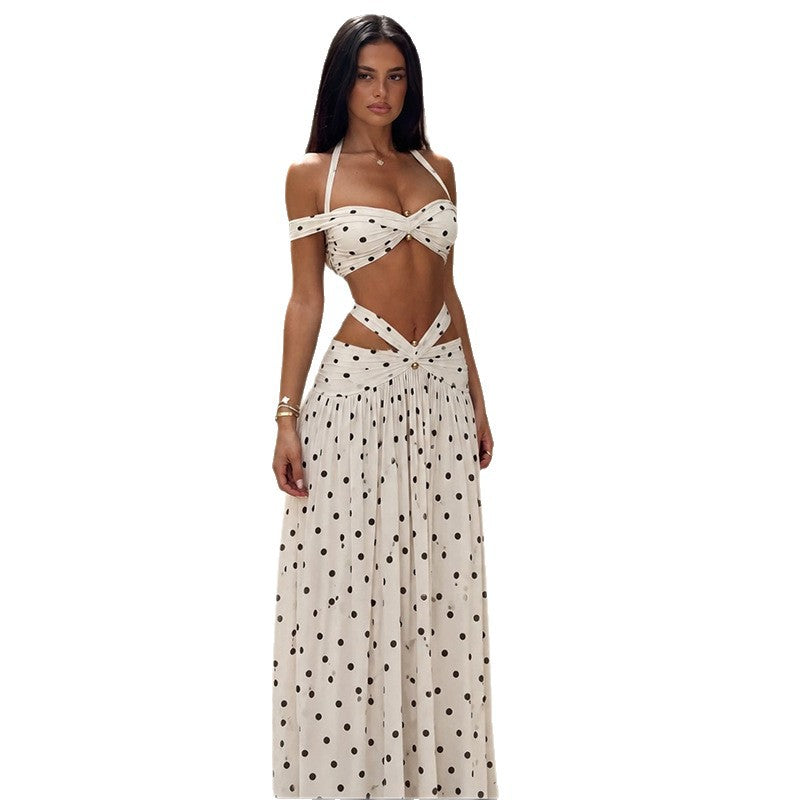 DLS summer halter backless tube top hollow out polka dot skirt suit