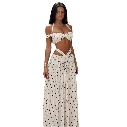 DLS summer halter backless tube top hollow out polka dot skirt suit