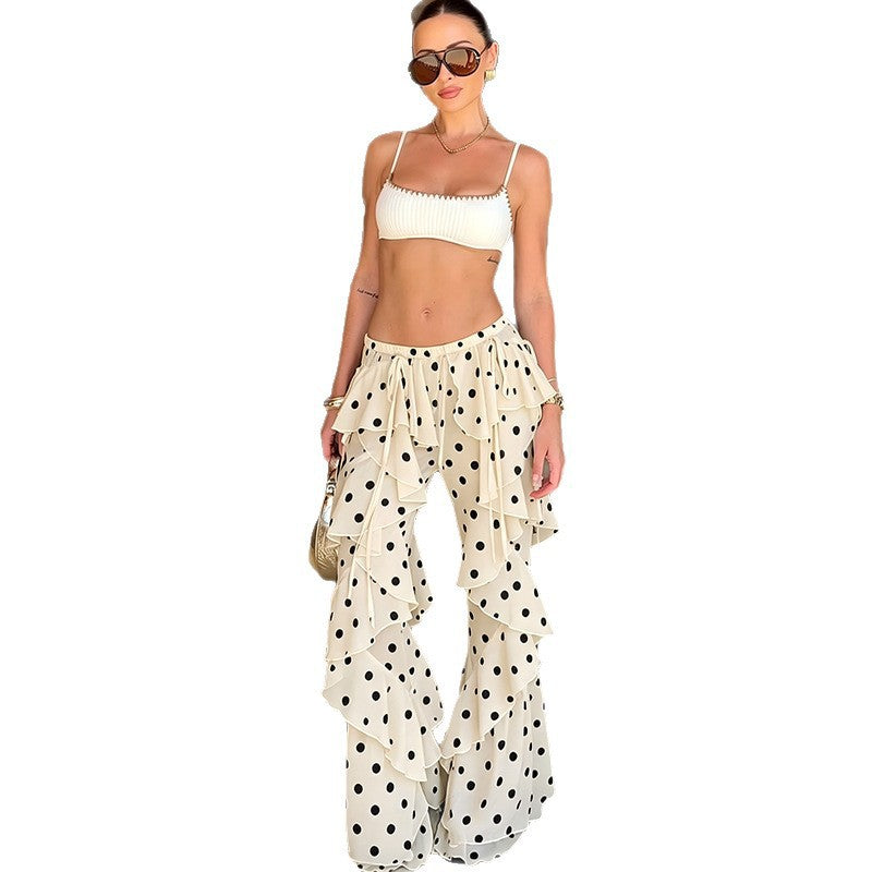 DLS lace-up stitching polka dot printed ruffled bootcut pants