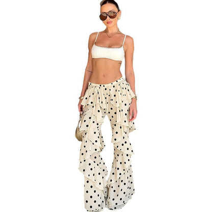 DLS lace-up stitching polka dot printed ruffled bootcut pants