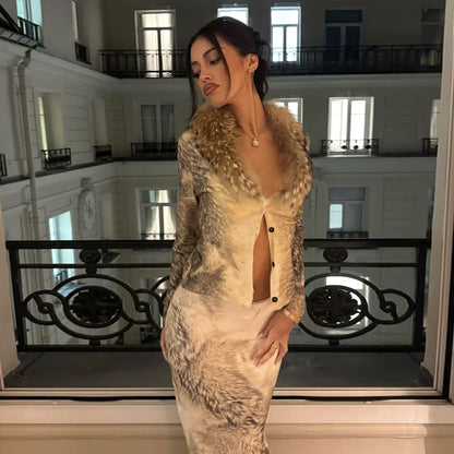 SXR autumn and winter V-neck fur collar long sleeve cardigan high waist sheath skirt suit