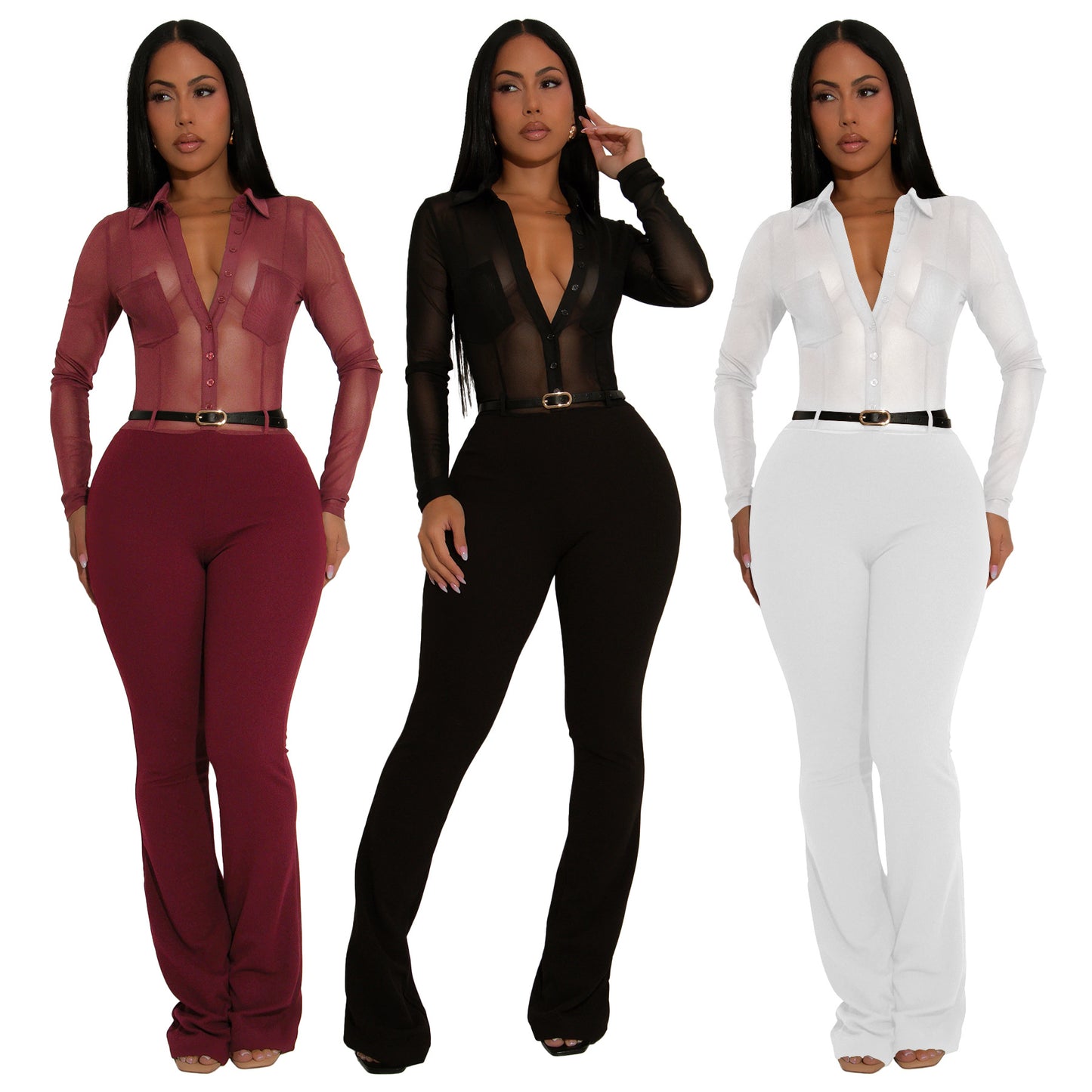 MYF (S-2XL) 10910 sheer long sleeve tight jumpsuit