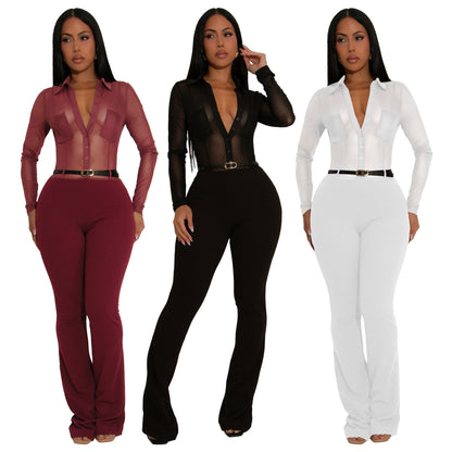 MYF (S-2XL) 10910 sheer long sleeve tight jumpsuit