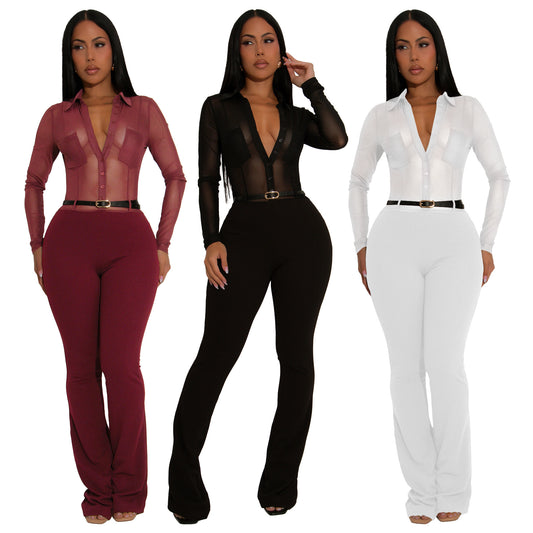MYF (S-2XL) 10910 sheer long sleeve tight jumpsuit