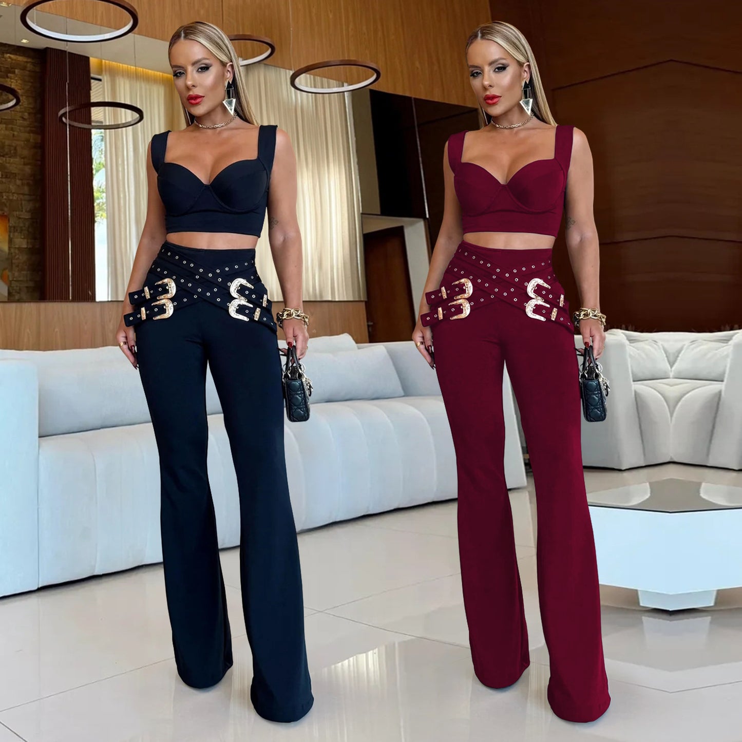 XYZ C7540 casual eyelet button top and trousers suit