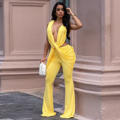 DZHT J26JP194 solid color layered draping effect low collar sleeveless one-piece trousers