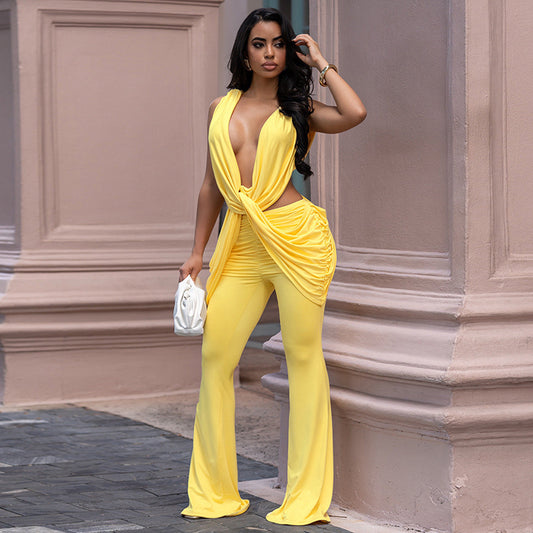 DZHT J26JP194 solid color layered draping effect low collar sleeveless one-piece trousers
