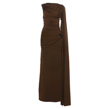 SXR autumn and winter waist-tight ribbon pleated solid color maxi dress