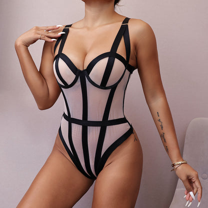 See-through bandage mesh joint sexy bodybuilding jumpsuits underwear open hidden hook