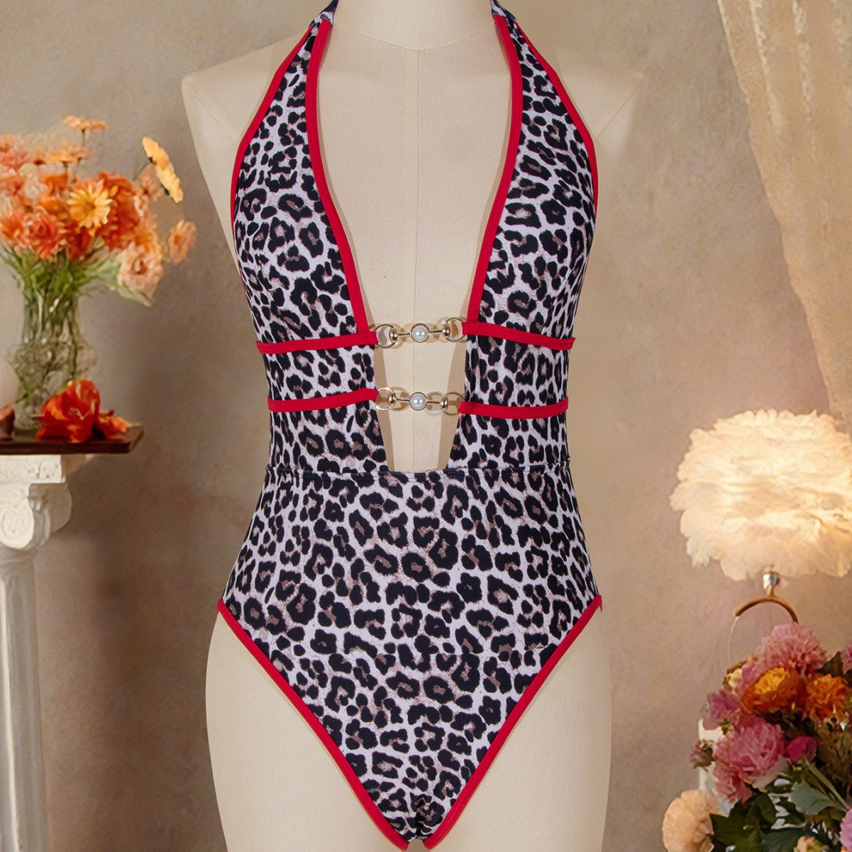 (4 days ready to ship) SY 2026 one-piece leopard print halter lace-up bikini swimsuit