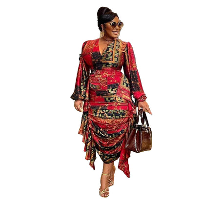 GY (S-3XL) S10597 printed ruffled pleated lantern sleeve sheath slim-fit long-sleeved dress