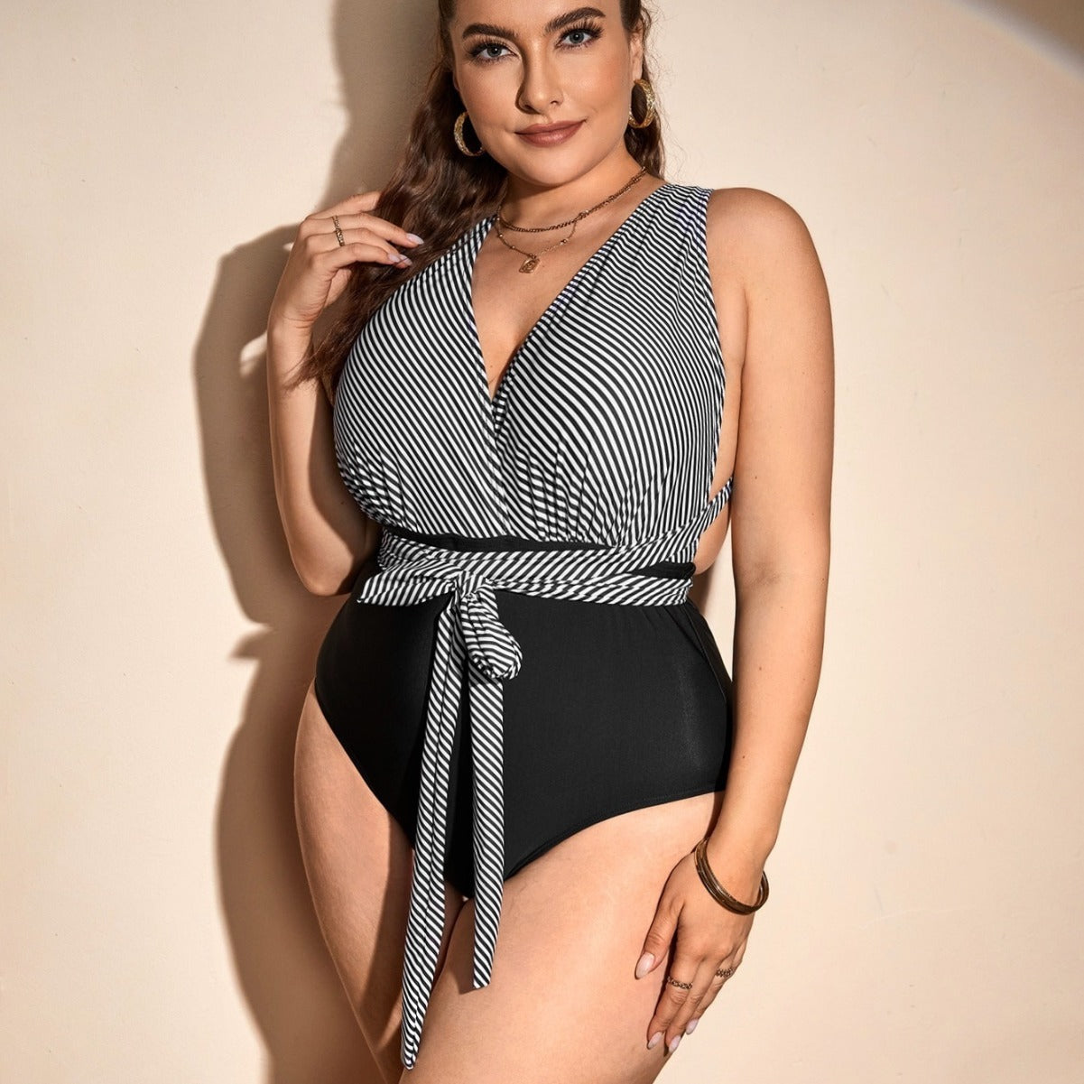 LF (L-4XL) bikini sexy suit one-piece black striped plus size swimsuit