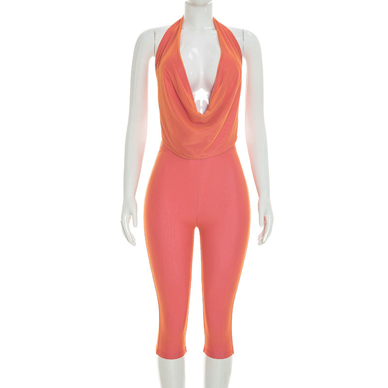 DZHT Q26ST073 hanging collar halter bare back top tight cropped pants two-color suit