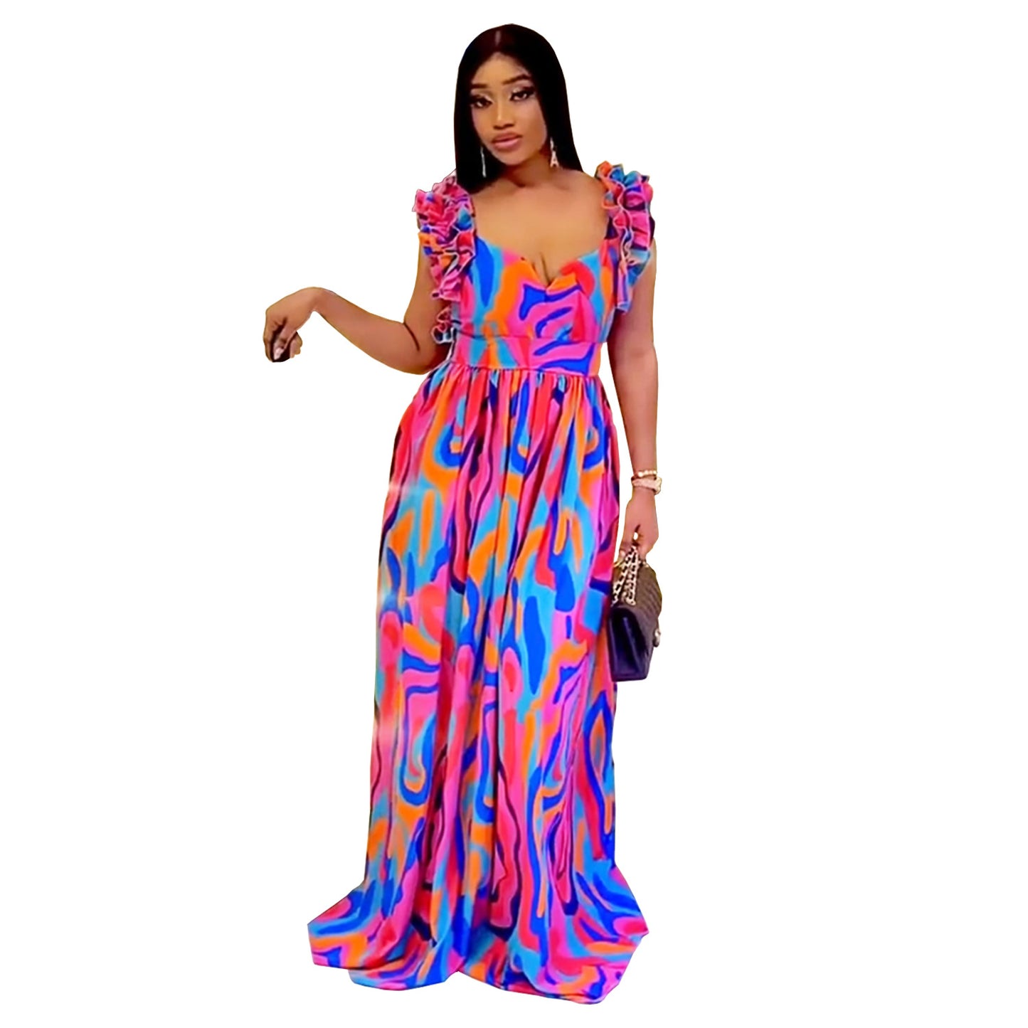 XYZ C7512 elegant ruffled shoulder strap printed dress