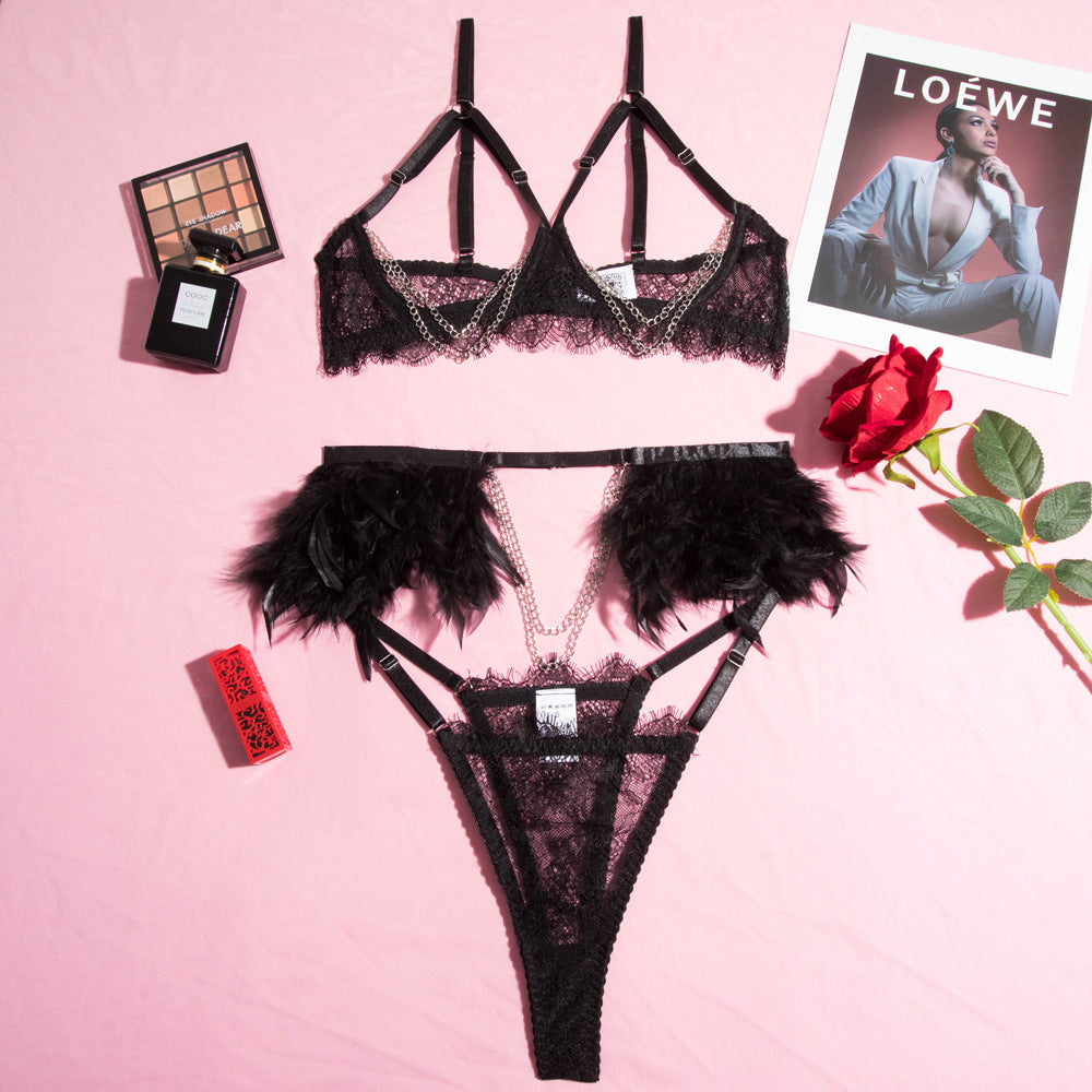 Sexy lingerie bra set lace Dew gold necklace feather with steel ring three-piece set 1584
