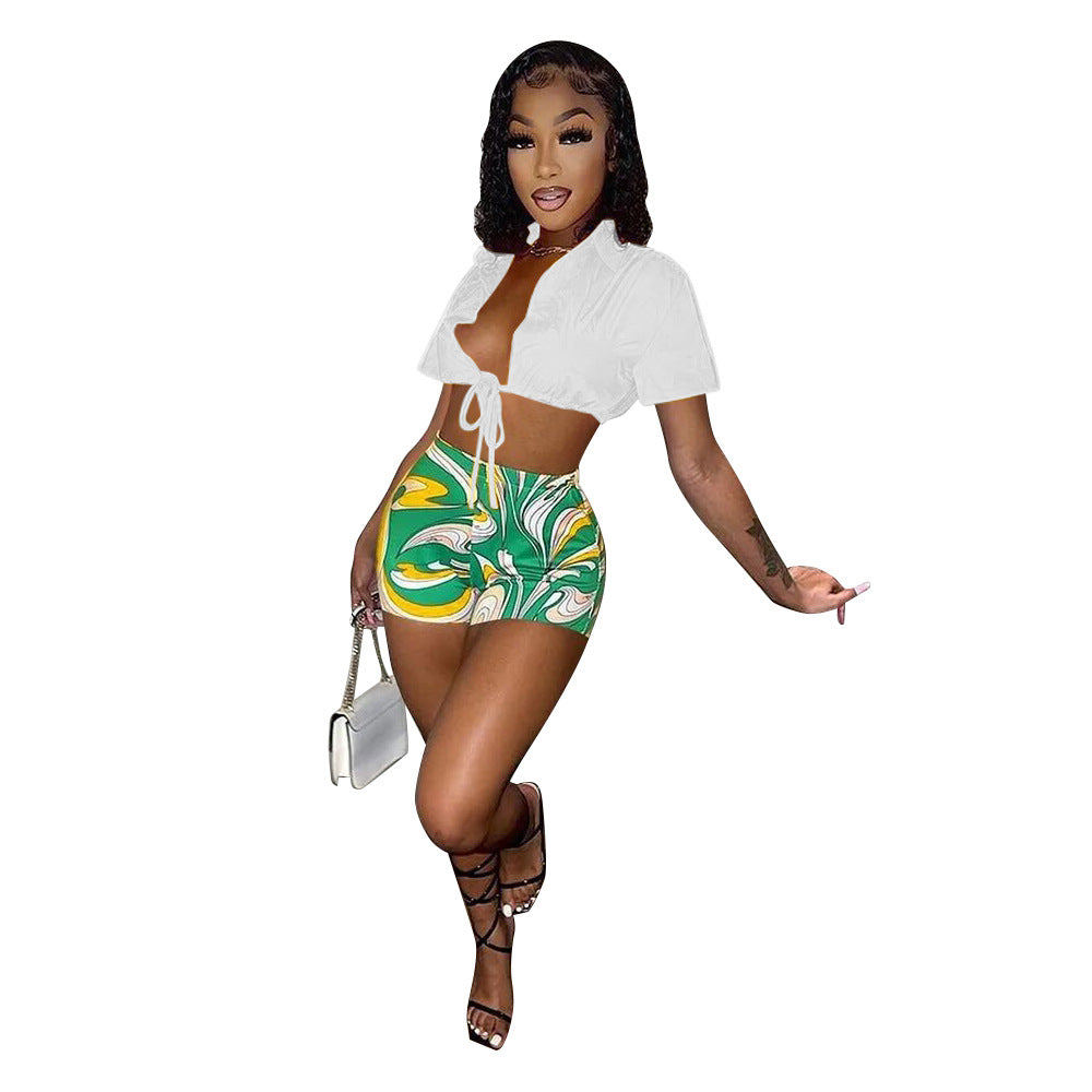 MZ (S-2XL) F88443 shirt lace-up shorts printed sports suit