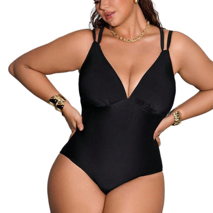 CL (L-4XL) 2026 plus size swimsuit solid color one-piece deep V sexy rope cross high waist tight