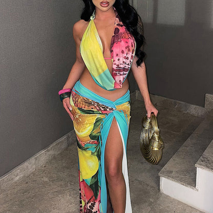 SXR summer fashion halter backless top split skirt suit