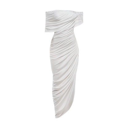 SXR 2026 spring sexy pleated off-neck backless irregular dress