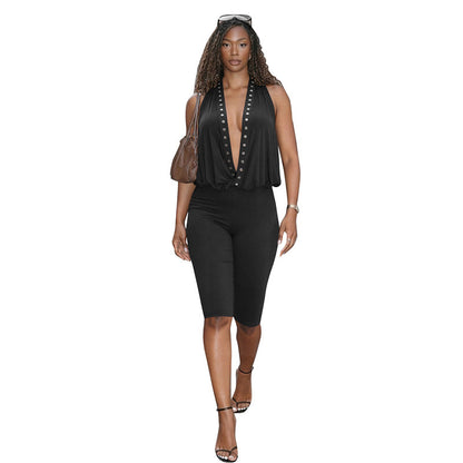 DZHT J26JP015 spring rivet halter backless cropped jumpsuit