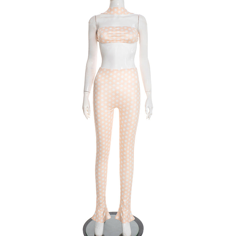 DZHT D25ST573 polka dot print halterneck vest backless top tight trousers two-piece suit