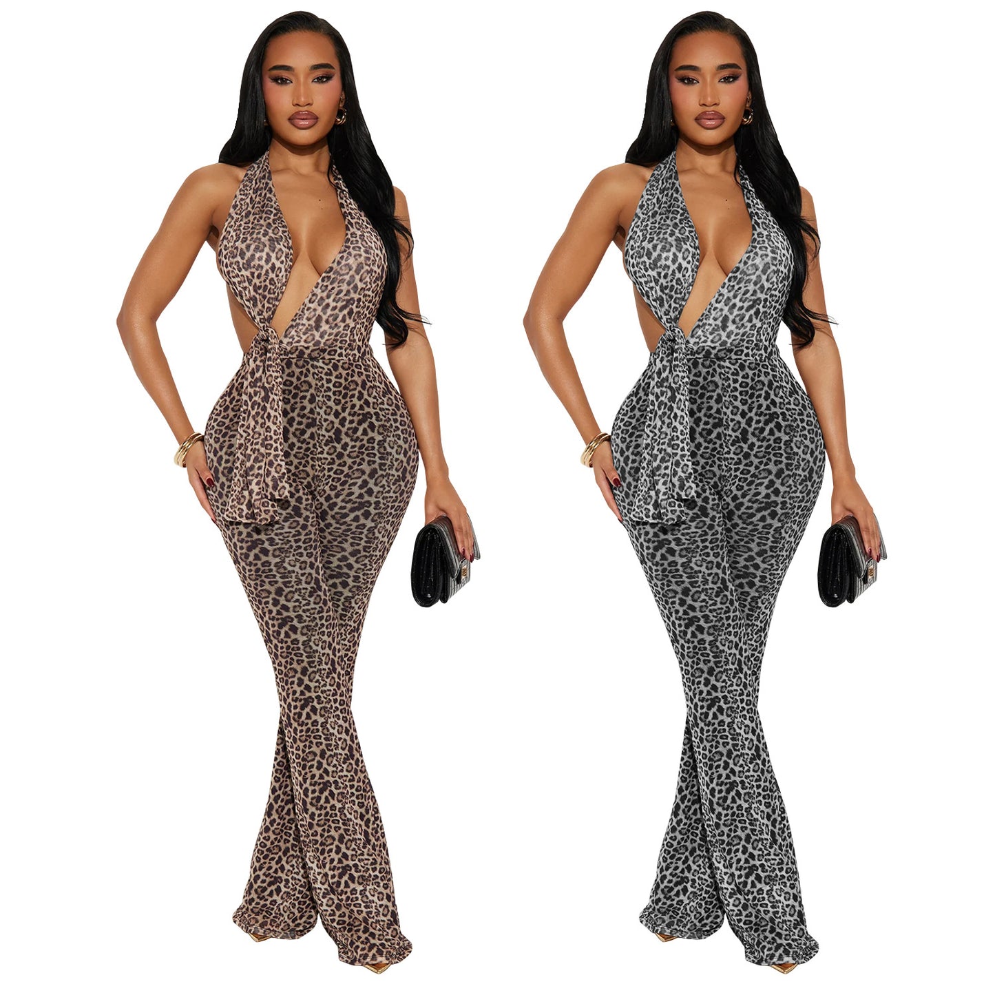 XYZ C7495 leopard print neck-Hanging Bag arm jumpsuit