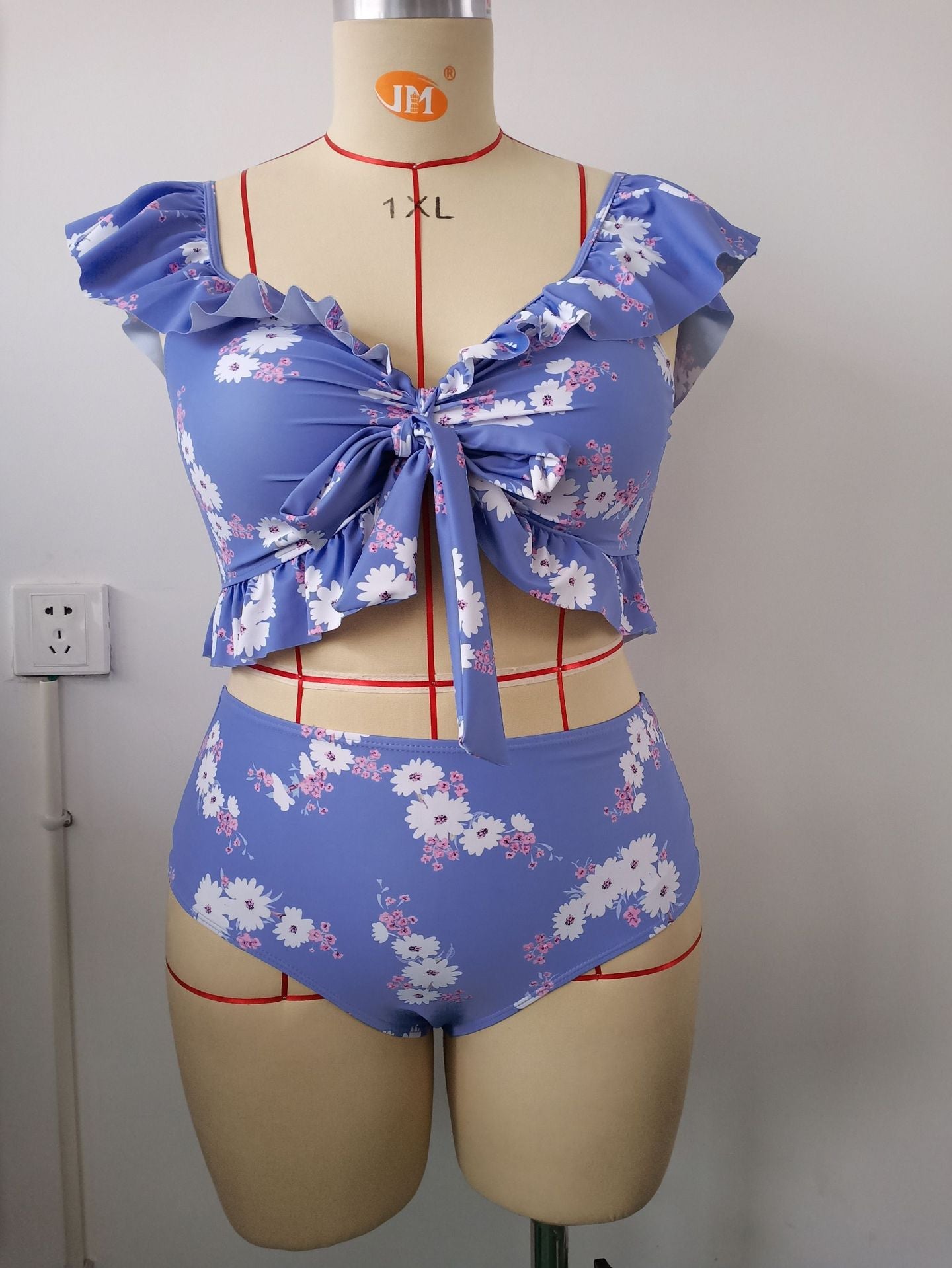 LF (L-4XL) 2026 swimsuit women's split shoulder hanging large size printing