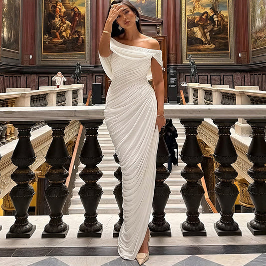 SXR 2026 spring sexy pleated off-neck backless irregular dress