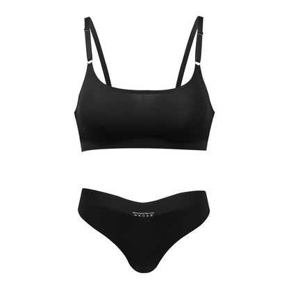 Seamless thin large size underwear set small breast size exaggerating bra T-shaped beauty back adjustable wireless bra