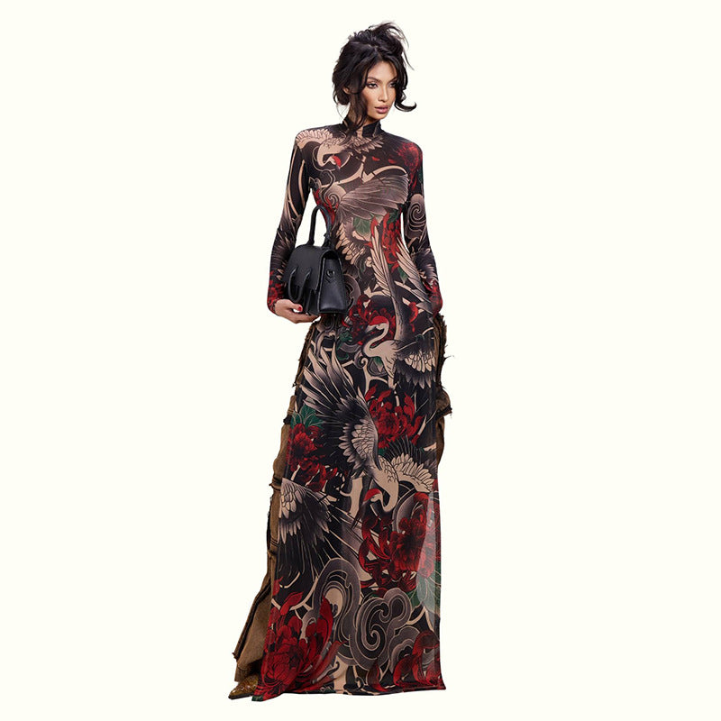 DLS Spring half-high collar long sleeves personalized animal pattern high slit long shirt