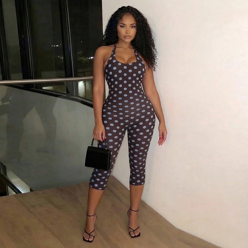 DZHT J26JP088 fashion sleeveless tight slimming polka dot cropped jumpsuit