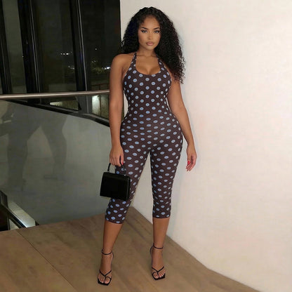 DZHT J26JP088 fashion sleeveless tight slimming polka dot cropped jumpsuit
