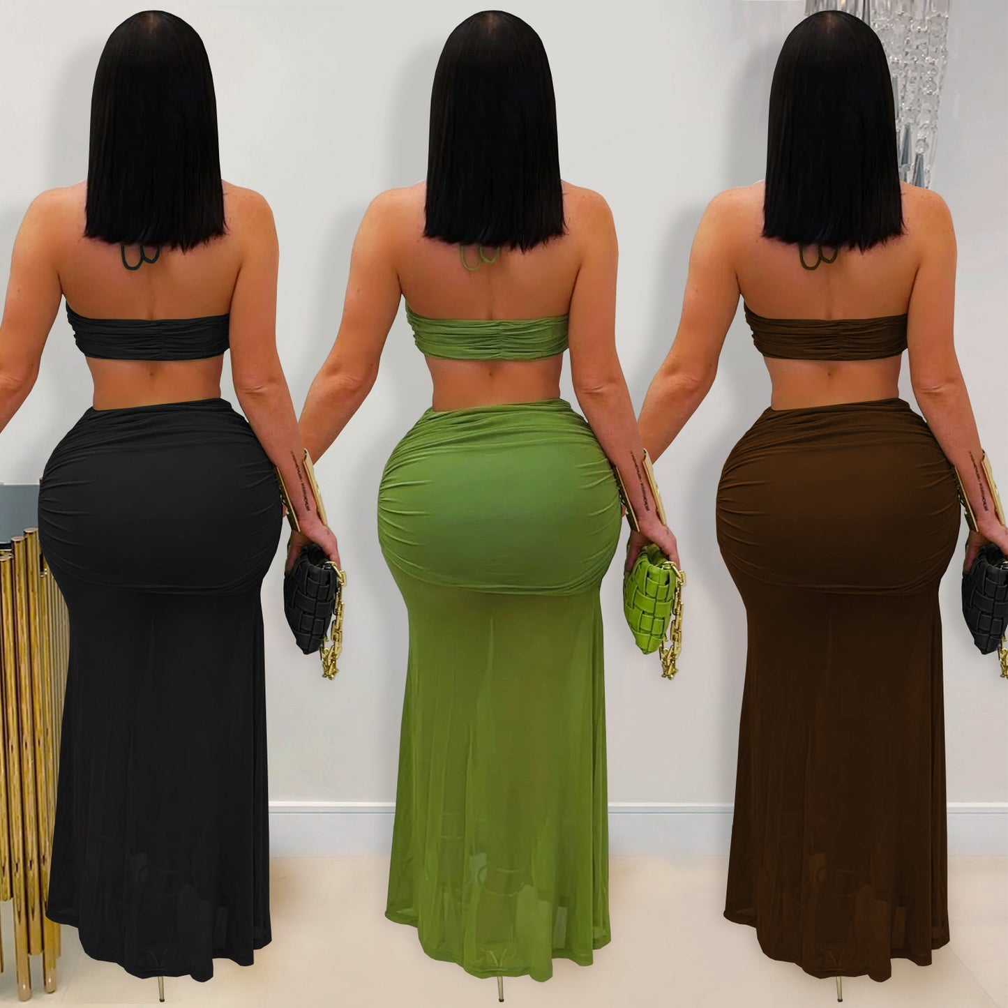 XYZ C7456 tube top arm covering pleated mesh long dress