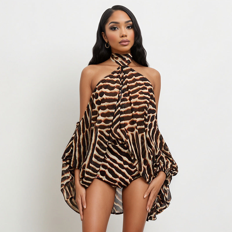 DZHT C26ST187 American Halter Off-the-shoulder printing suit