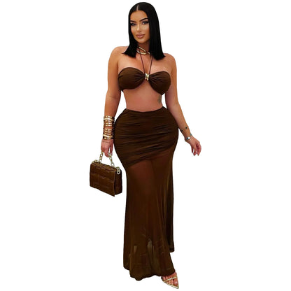 XYZ C7456 tube top arm covering pleated mesh long dress