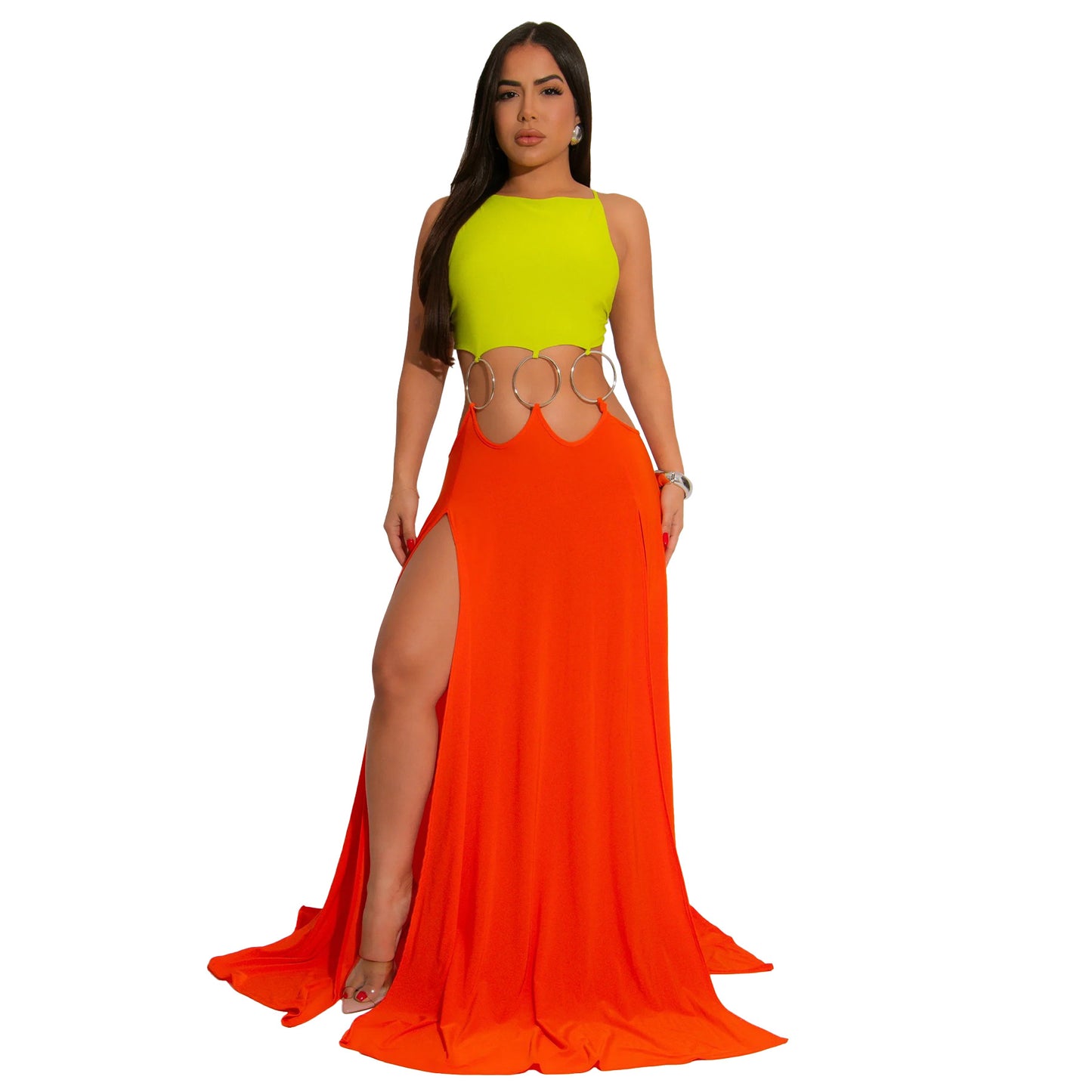 MYF (S-2XL) 20194 European back high slit contrasting-color dress