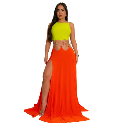 MYF (S-2XL) 20194 European back high slit contrasting-color dress