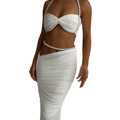 SXR autumn and winter Pearl decorative navel wrapped chest low waist hip-wrapped long skirt suit