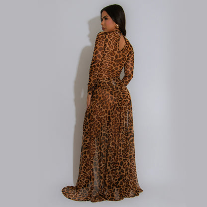 XYZ C7308 leopard print long sleeve split dress
