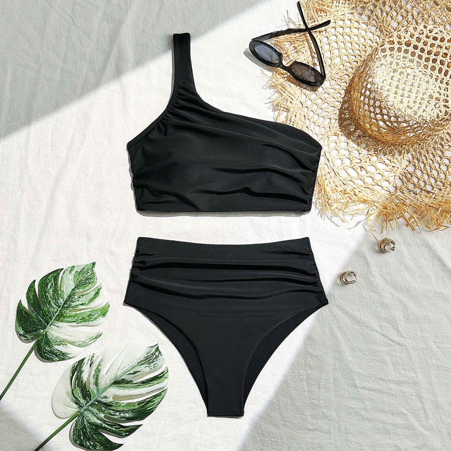 (4 days ready to ship) SY pleating high waist one shoulder split swimsuit