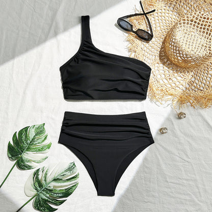 (4 days ready to ship) SY pleating high waist one shoulder split swimsuit