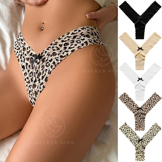 Bow stitching see-through lace T-shaped mid waist plus size leopard print T-back