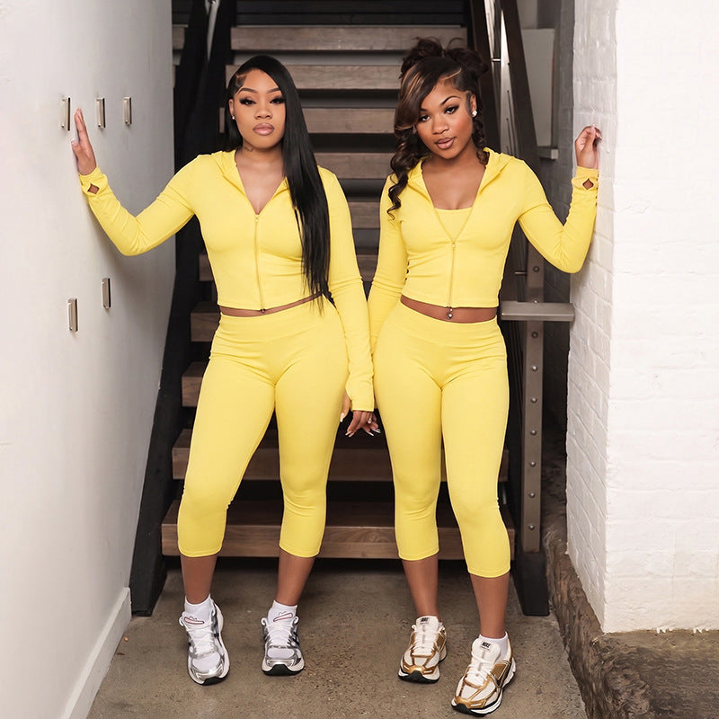 DZHT D26ST229 hooded long sleeve finger fit design zipper top tight pleated cropped pants two-piece suit