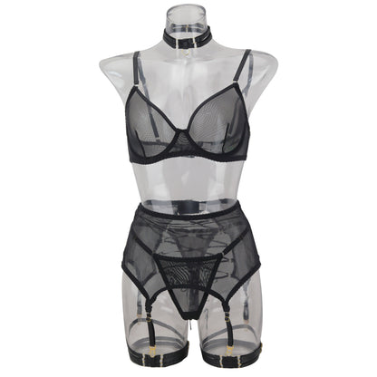Black underwear mesh strap stitching see-through sexy lingerie set for women