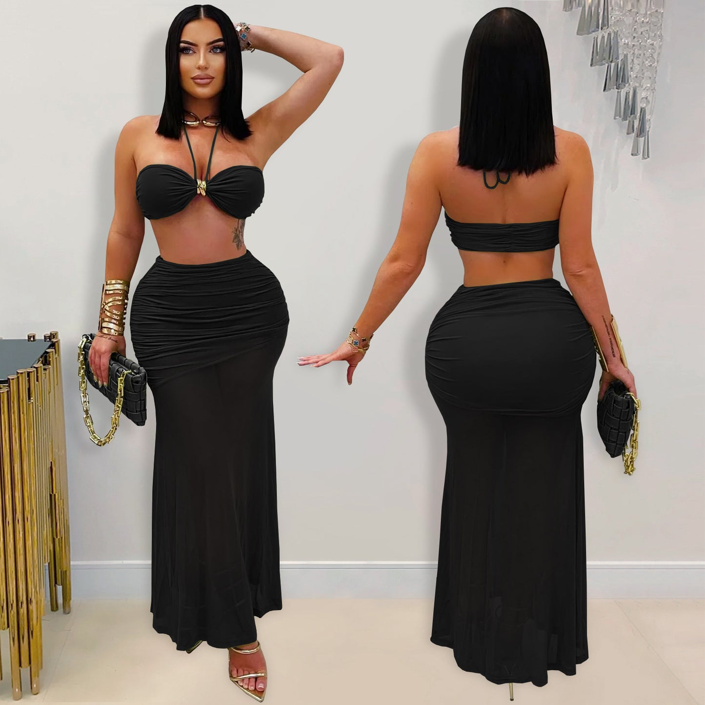 XYZ C7456 tube top arm covering pleated mesh long dress