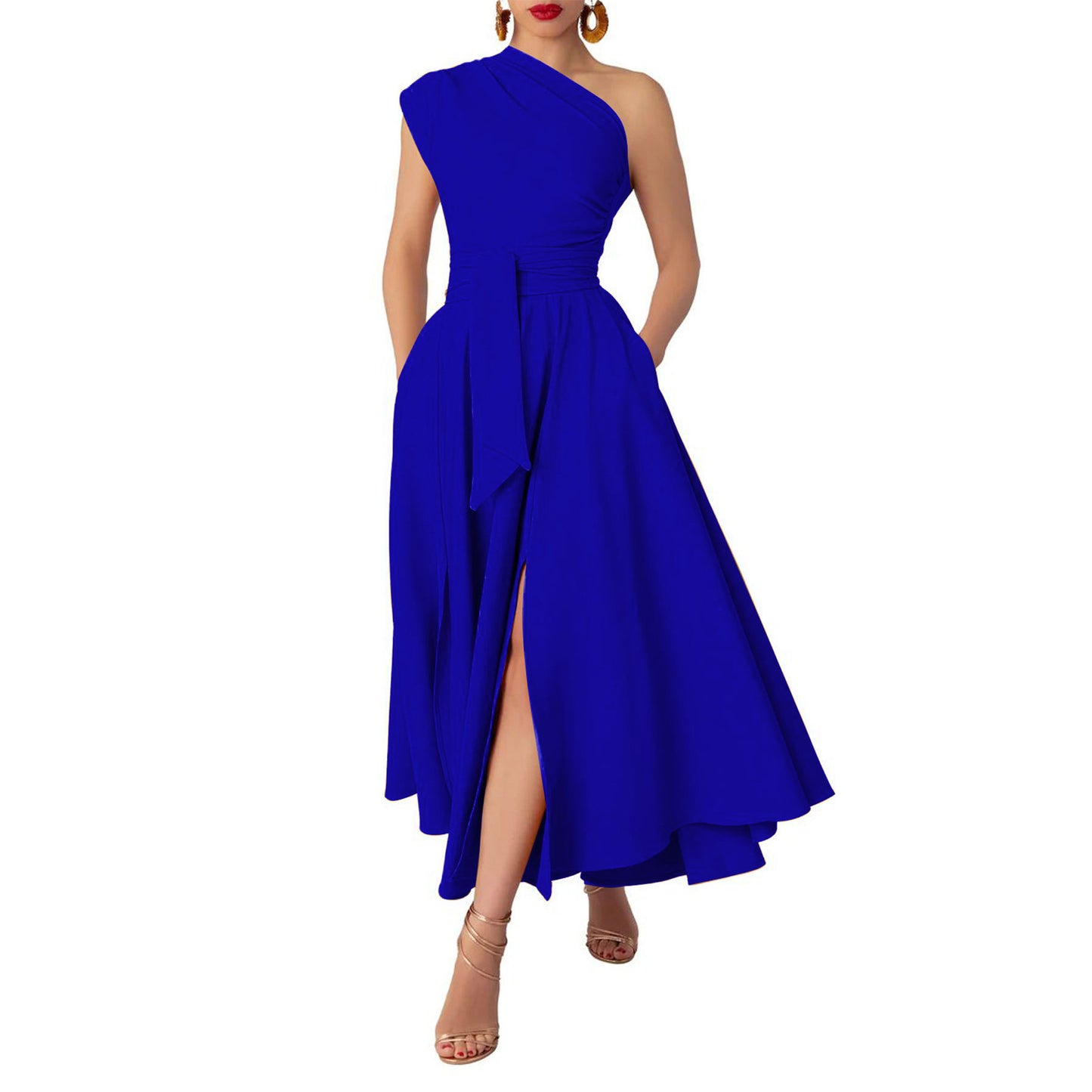 MYF (S-2XL) summer sleeveless diagonal collar waist-controlled large hem dress