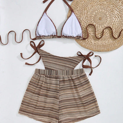 CL (L-4XL) sexy halter lace-up bikini plus size swimsuit split beach shorts three-piece suit