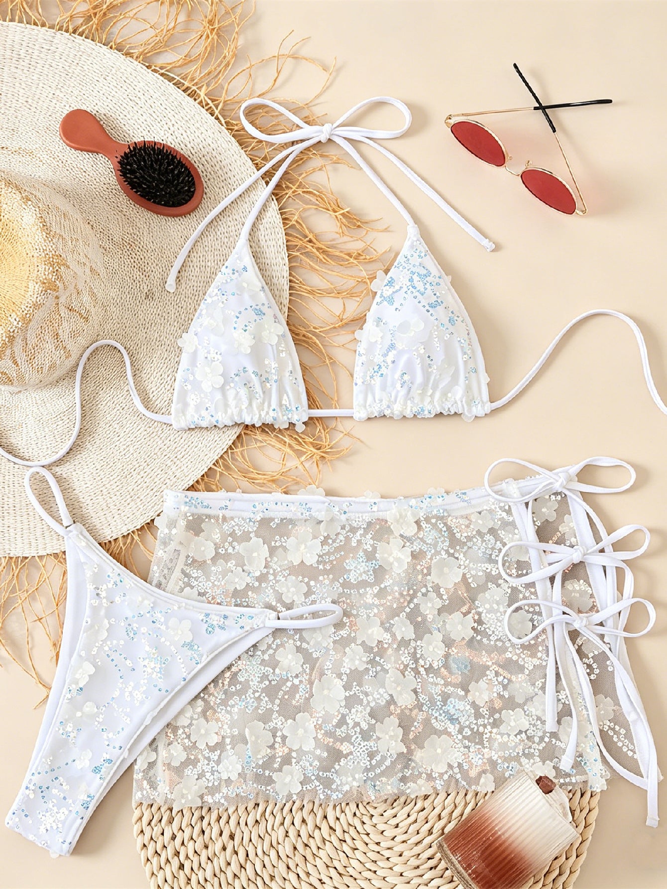 Bikini three piece swimsuit sequined swimsuit women strap match sets 6802